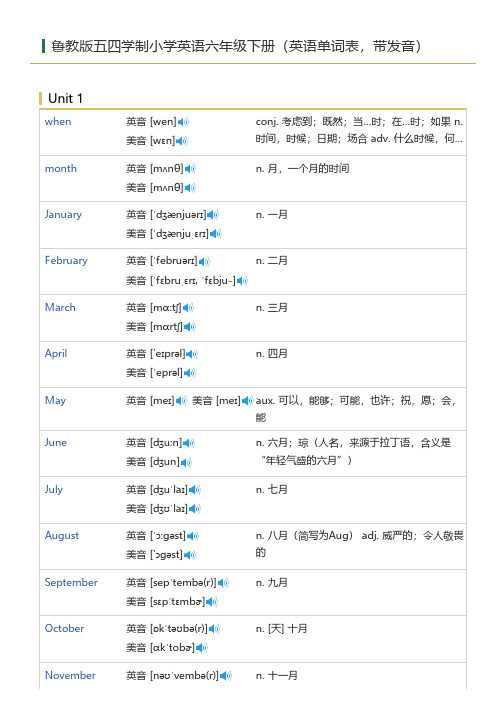 鲁教版五四学制小学英语六年级下册(英语单词表)