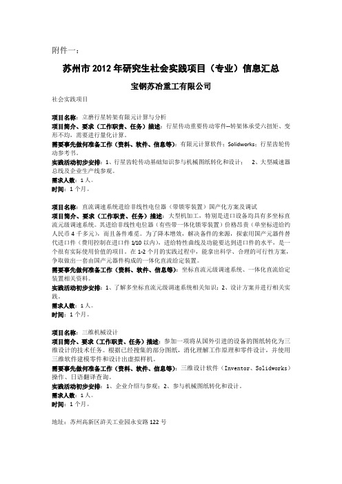 苏州2012年研究生社会实践项目专业信息汇总宝钢苏冶