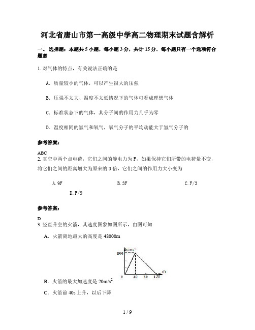 河北省唐山市第一高级中学高二物理期末试题含解析