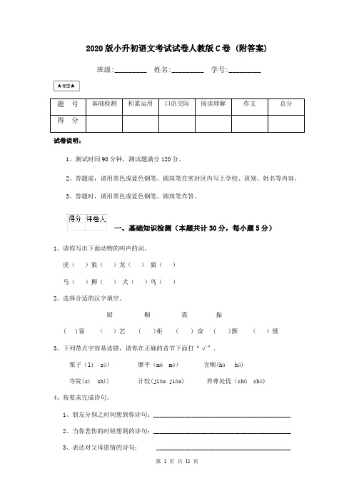 2020版小升初语文考试试卷人教版C卷 (附答案)