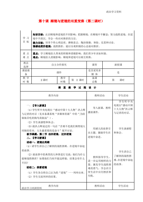八年级政治上册 第十课 顺境与逆境的双重变奏(第二课时)学案(无答案) 教科版