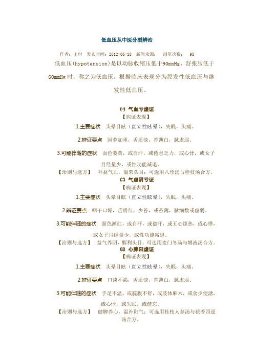 低血压从中医分型辨治