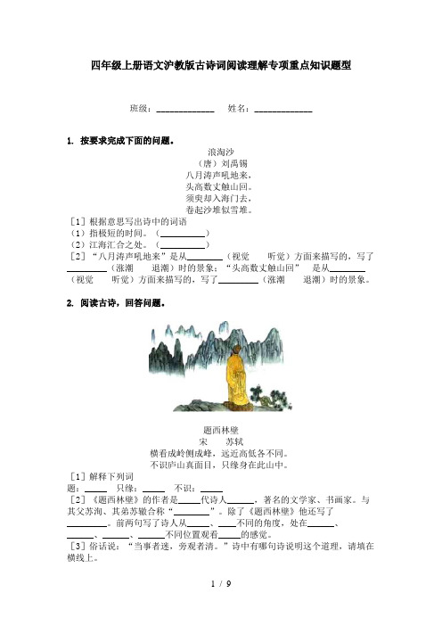 四年级上册语文沪教版古诗词阅读理解专项重点知识题型