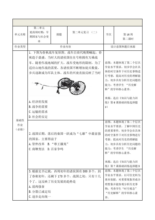 人教版历史七年级 双减分层书面作业设计案例 第二单元 夏商周时期 早期国家与社会变革 单元复习(2)