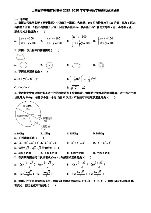 山东省济宁嘉祥县联考2019-2020学年中考数学模拟调研测试题
