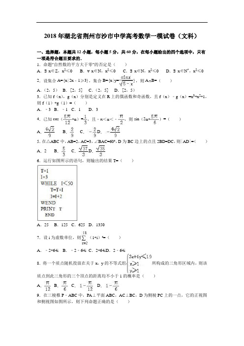 湖北省荆州市沙市中学2018年高考数学一模试卷文科 含
