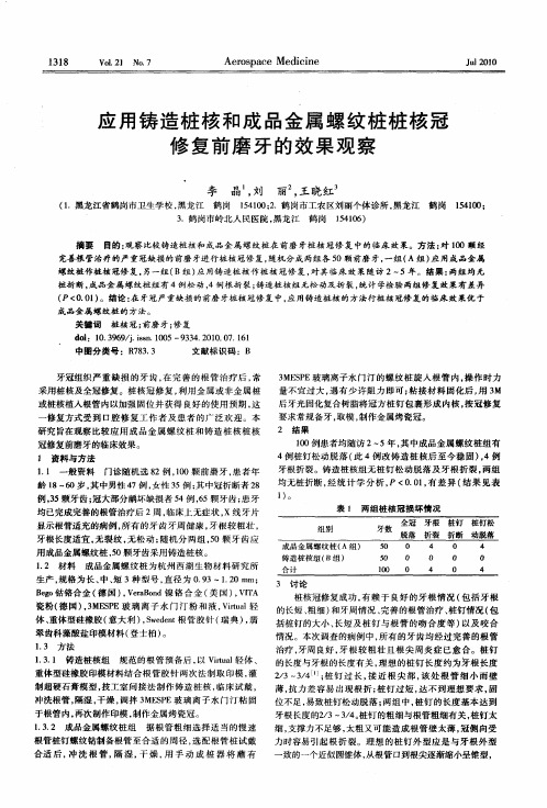 应用铸造桩核和成品金属螺纹桩桩核冠修复前磨牙的效果观察