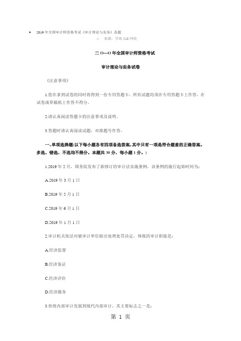 2019年全国审计师资格考试《审计理论与实务》真题-22页精选文档
