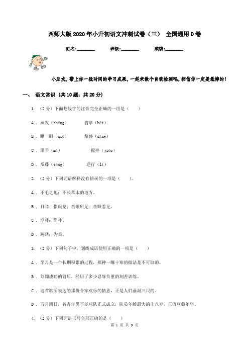 西师大版2020年小升初语文冲刺试卷(三) 全国通用D卷
