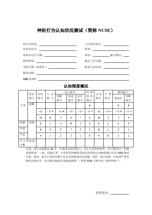 神经行为认知测试NCSE