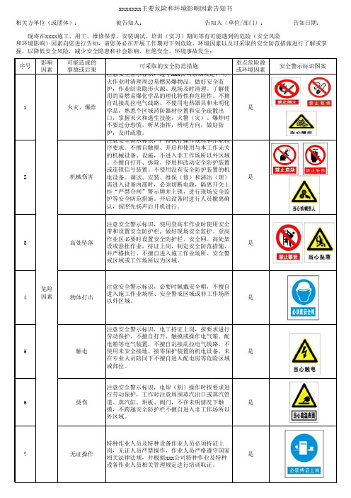 危险和环境影响因素告知书