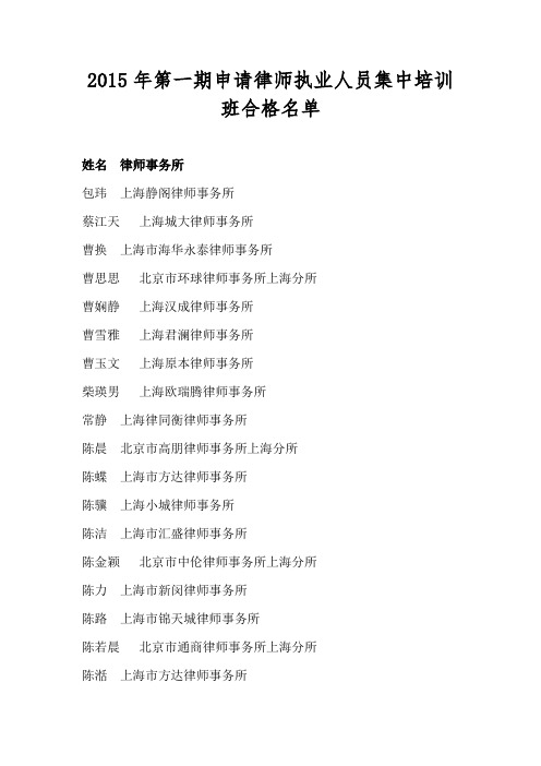 2015年第一期申请律师执业人员集中培训班合格名单