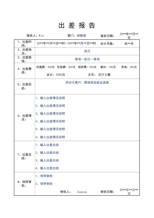 销售业务出差总结报告模板