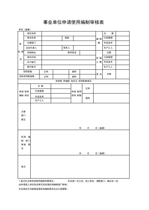 事业单位申请使用编制审核表