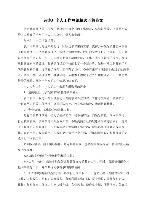 污水厂个人工作总结精选五篇范文
