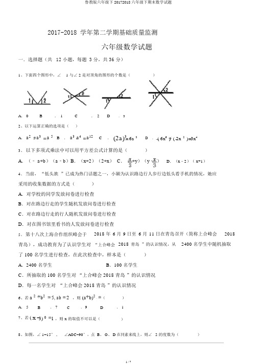 鲁教版六年级下20172018六年级下期末数学试题
