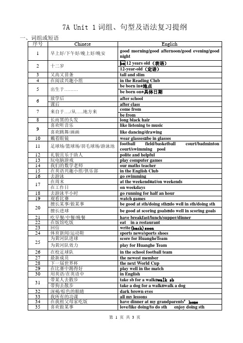 7A Unit 1词组、句型及语法复习提纲