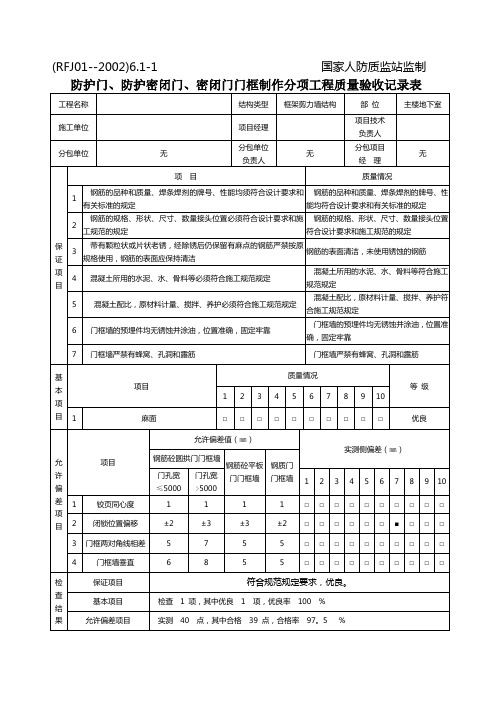 防护门门框制作分项工程质量验收记录表