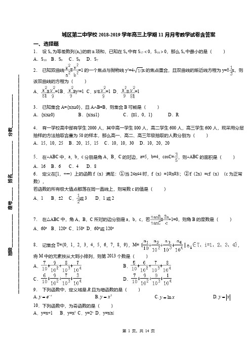 城区第二中学校2018-2019学年高三上学期11月月考数学试卷含答案(2)