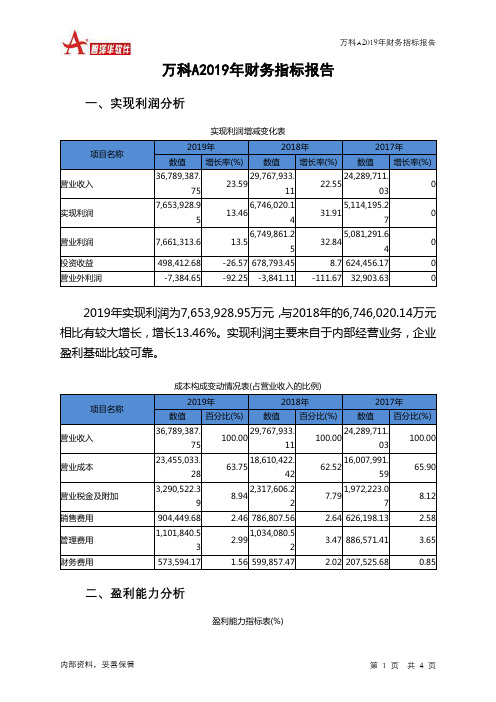 万科A2019年财务指标报告