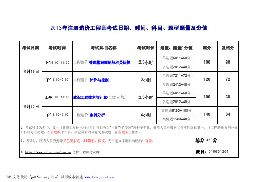 2013年注册造价工程师考试日期、时间、科目、题型题量及分值