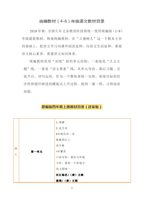 最新2019年部编版统编教材4-6年级语文教材目录四年级上册下册五年级上册下册六年级上下册教材目录送审本