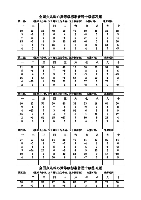 全国少儿珠心算等级标准普通十级练习题
