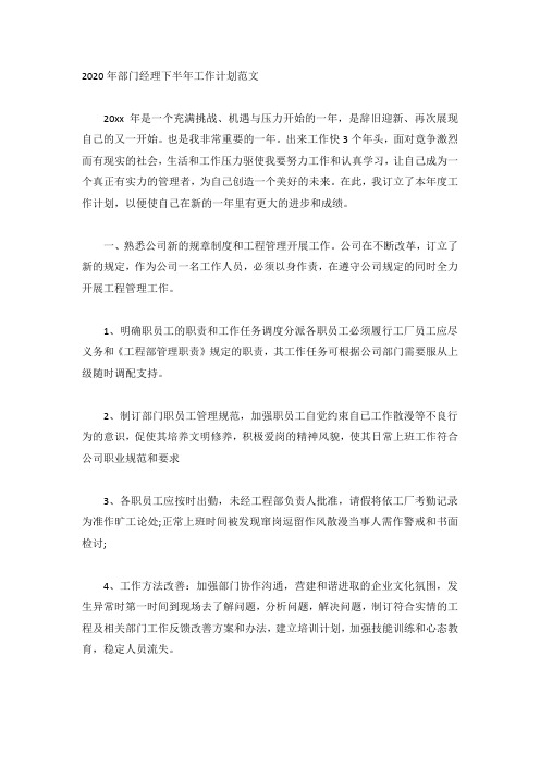 2020年部门经理下半年工作计划范文