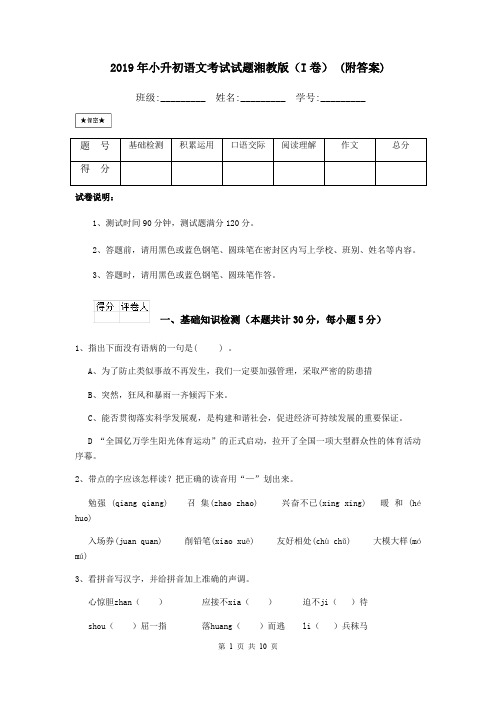 2019年小升初语文考试试题湘教版(I卷) (附答案)