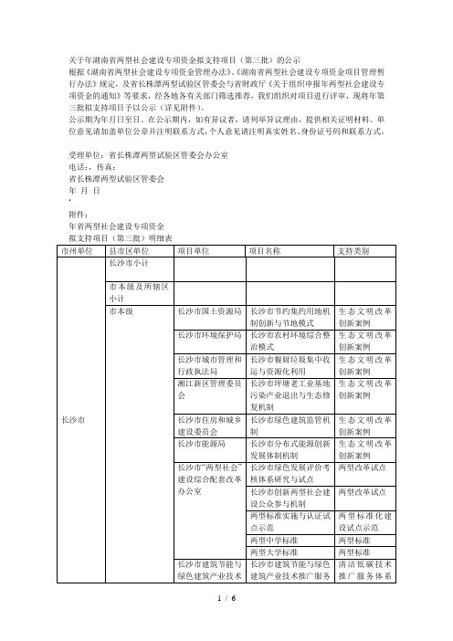 关于省两型社会建设专项资金拟支持项目第三批