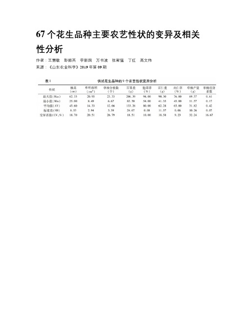 67个花生品种主要农艺性状的变异及相关性分析
