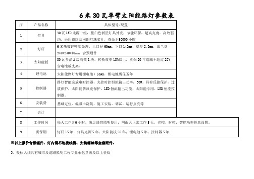 6米30瓦单臂太阳能路灯参数表