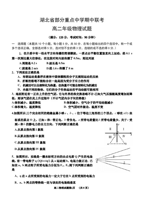 湖北省部分重点中学期中联考高二物理试题