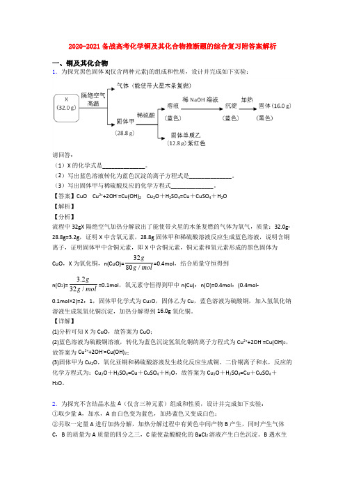 2020-2021备战高考化学铜及其化合物推断题的综合复习附答案解析