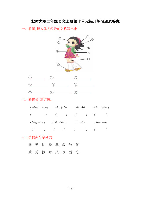 北师大版二年级语文上册第十单元提升练习题及答案