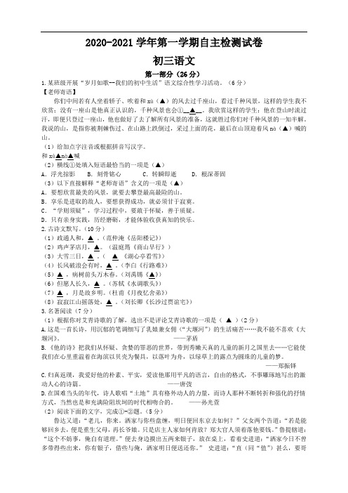 江苏省苏州市高新区2020-2021学年第一学期九年级语文10月自主检测试卷含参考答案