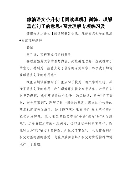 部编语文小升初【阅读理解】训练、理解重点句子的意思+阅读理解专项练习及