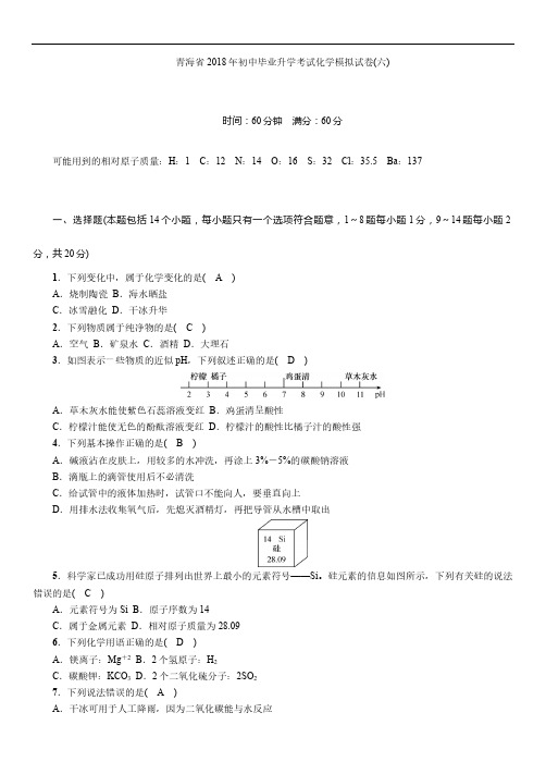 青海省2018年初中毕业升学考试化学模拟试卷(六)