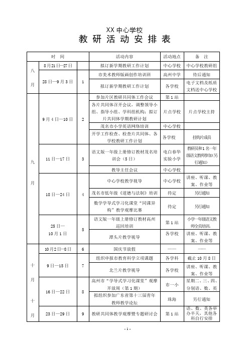 2016年9月教研活动安排