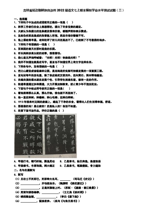 吉林省延边朝鲜族自治州2022届语文七上期末模拟学业水平测试试题(三)