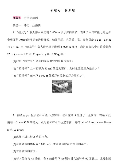 人教版物理中考专题复习——专题7 计算题(Word版附答案)