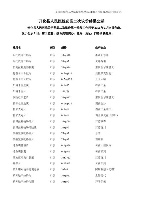开化人民医院药品二次议价结果公示