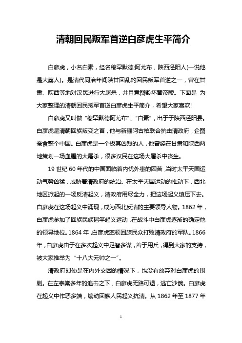清朝回民叛军首逆白彦虎生平简介