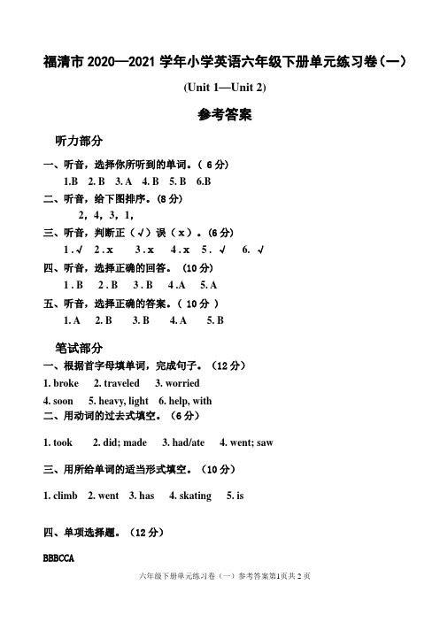 2020—2021学年闽教英语六年级下册单元练习卷(一)参考答案