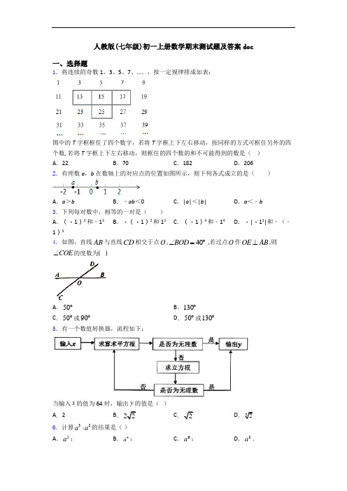 人教版(七年级)初一上册数学期末测试题及答案doc