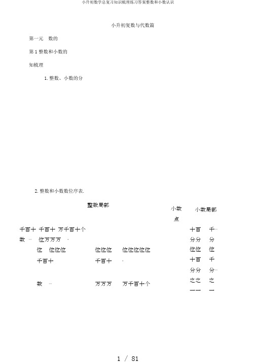小升初数学总复习知识梳理练习答案整数和小数认识