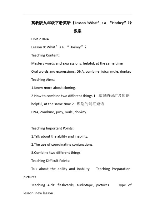 冀教版九年级下册英语《Lesson 9What’s a “Horkey”》教案