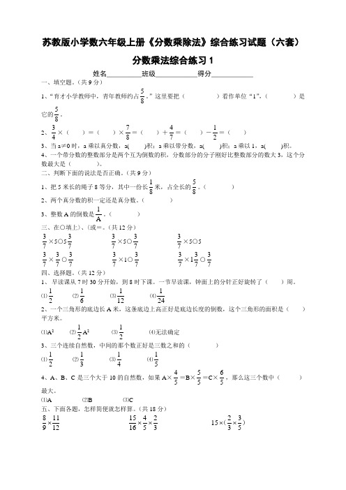 小学数六年级上册《分数乘除法》综合练习试题六套