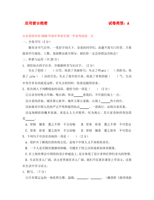 山东省滨州市2020年中考语文真题试卷