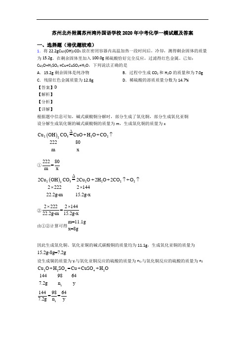 苏州北外附属苏州湾外国语学校2020年中考化学一模试题及答案
